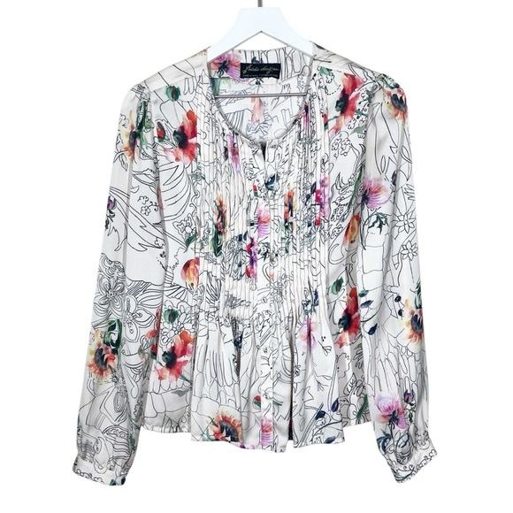 Anthropologie Geisha Barnes Pintucked Ivory Floral Abstract  Button Down Shirt - Picture 4 of 12